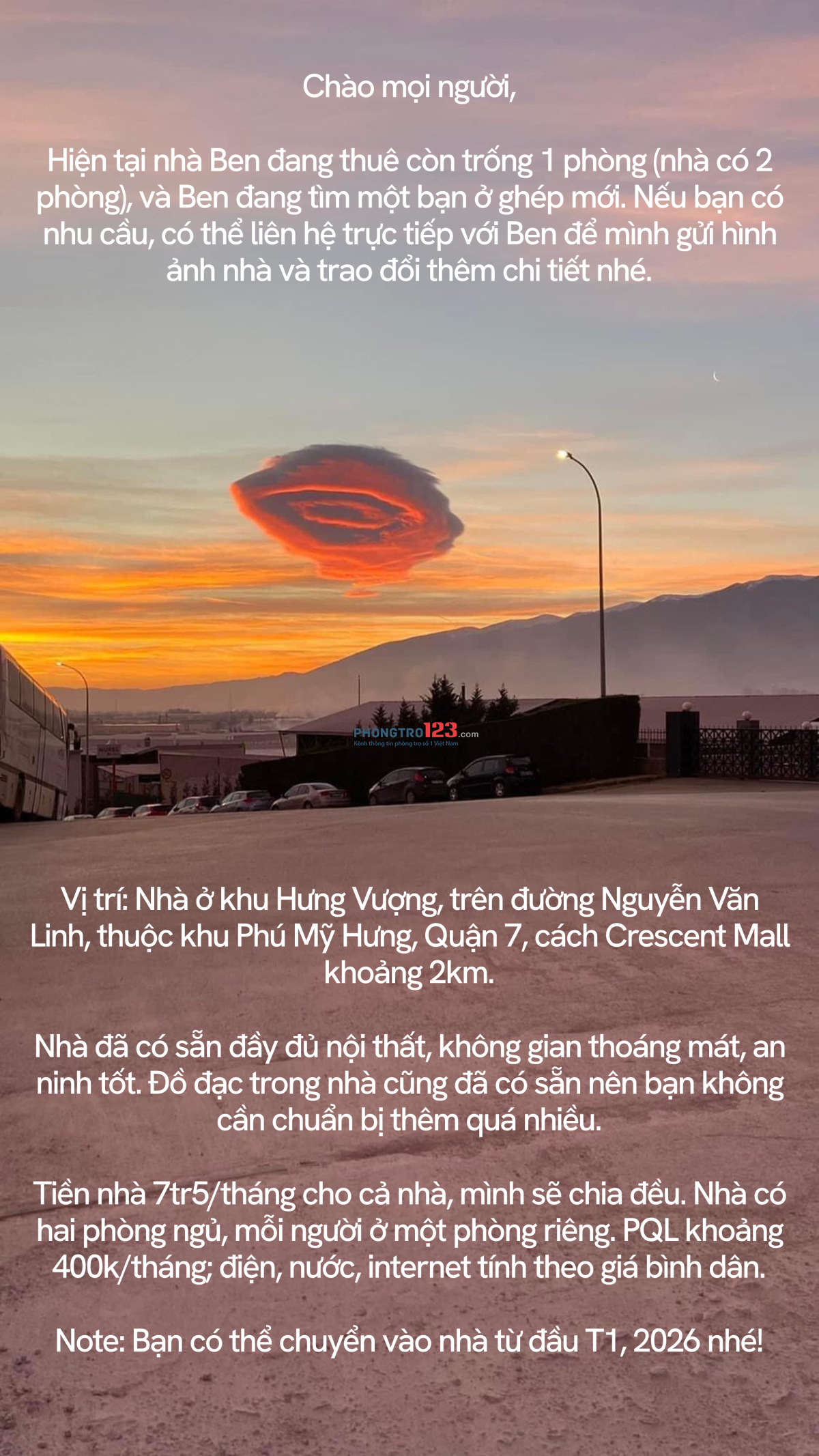 Tìm bạn ở ghép chung cư Hưng Vượng 1 quận 7