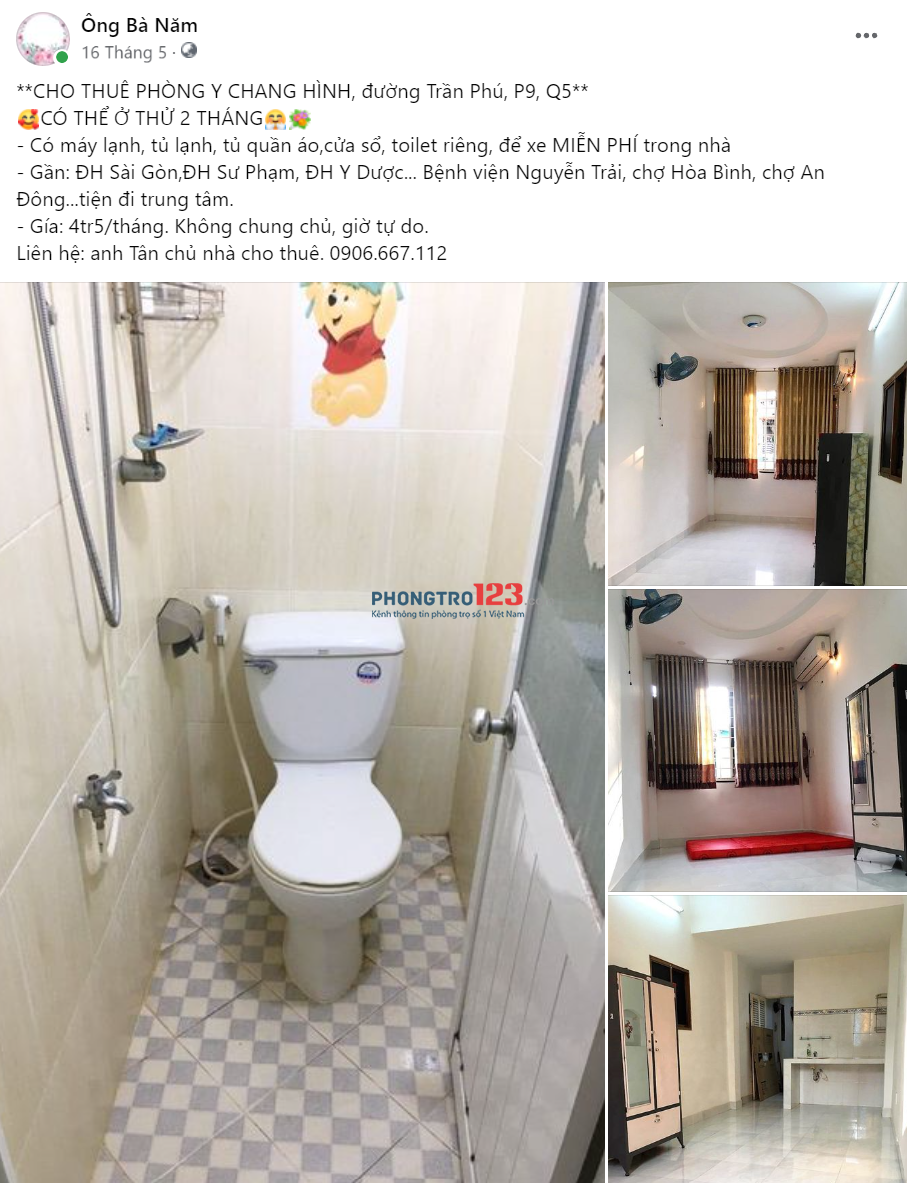Phòng trọ 25m2, Trần Phú, P9, Q5, giá 4tr5/ tháng