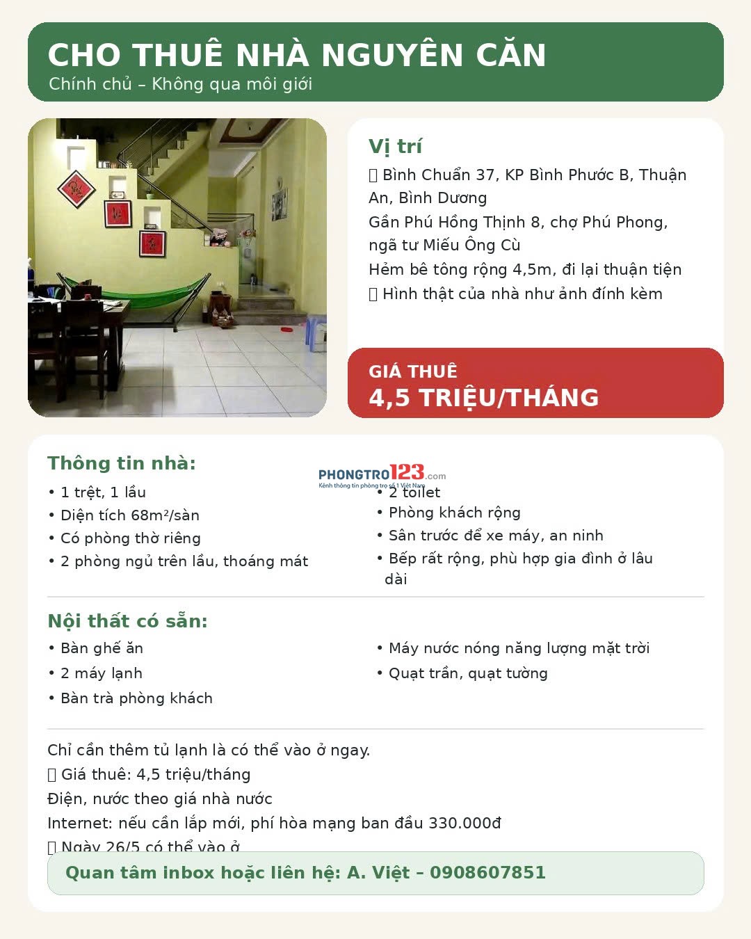 Nhà cho thuê gần ngã tư miếu ông Cù