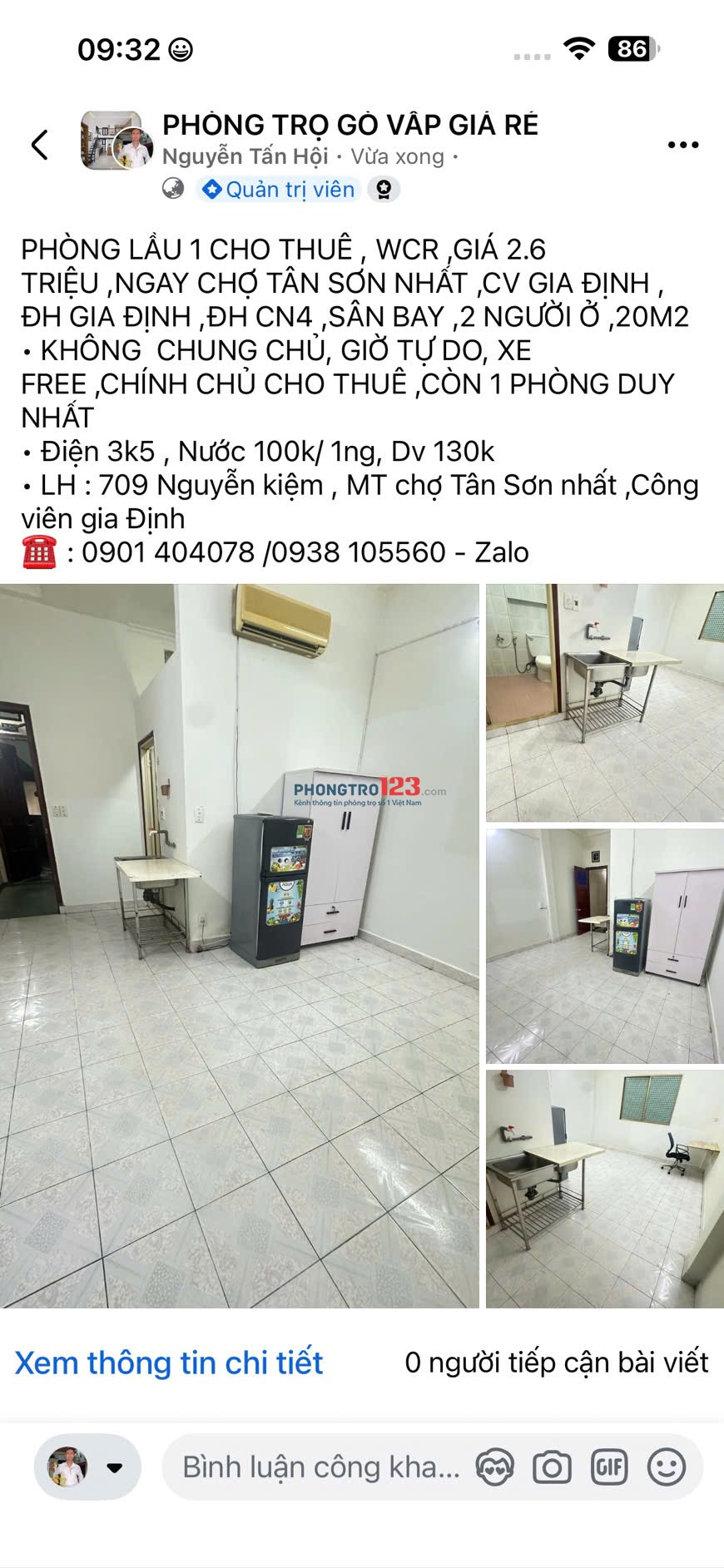 PHÒNG LẦU 1 CHO THUÊ, WCR, GIÁ 2.6 TRIỆU, NGAY CHỢ TÂN SƠN NHẤT, CV GIA ĐỊNH, ĐH GIA ĐỊNH. ĐH CN4