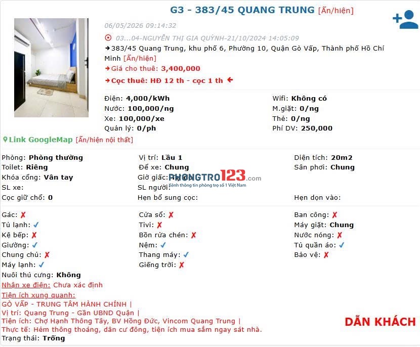 Cho thuê phòng trọ tại 383/45 Quang Trung, khu phố 6, Phường 10, Quận Gò Vấp