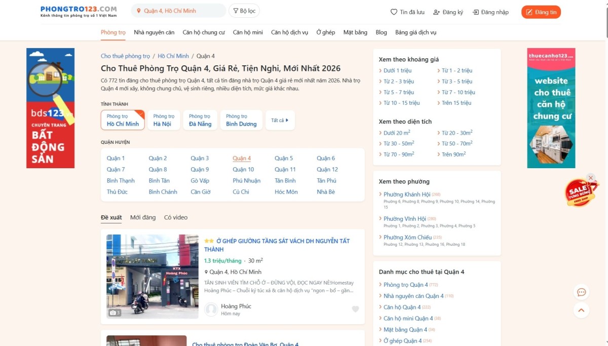 Tìm phòng trọ uy tín Quận 4 tại Phongtro123.com