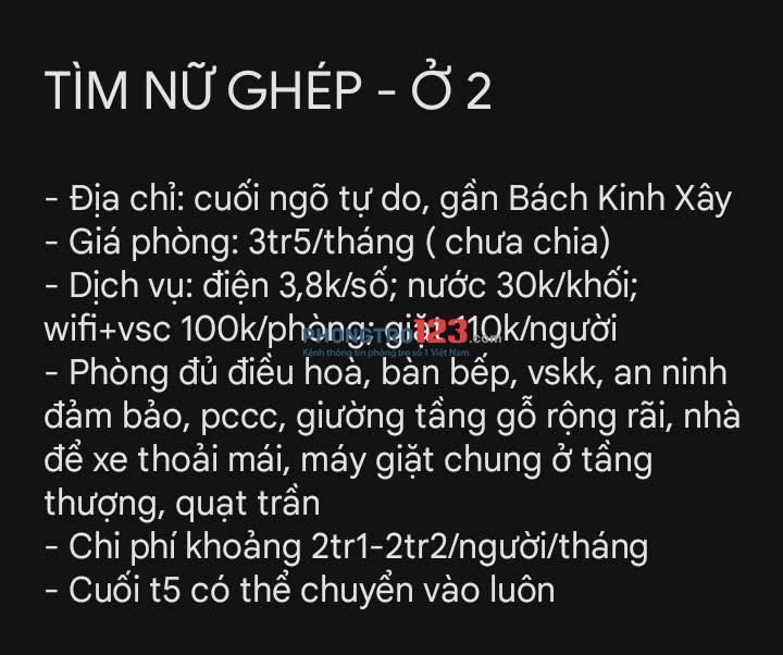 TÌM NỮ Ở GHÉP - BÁCH KINH XÂY - CHỈ Ở 2