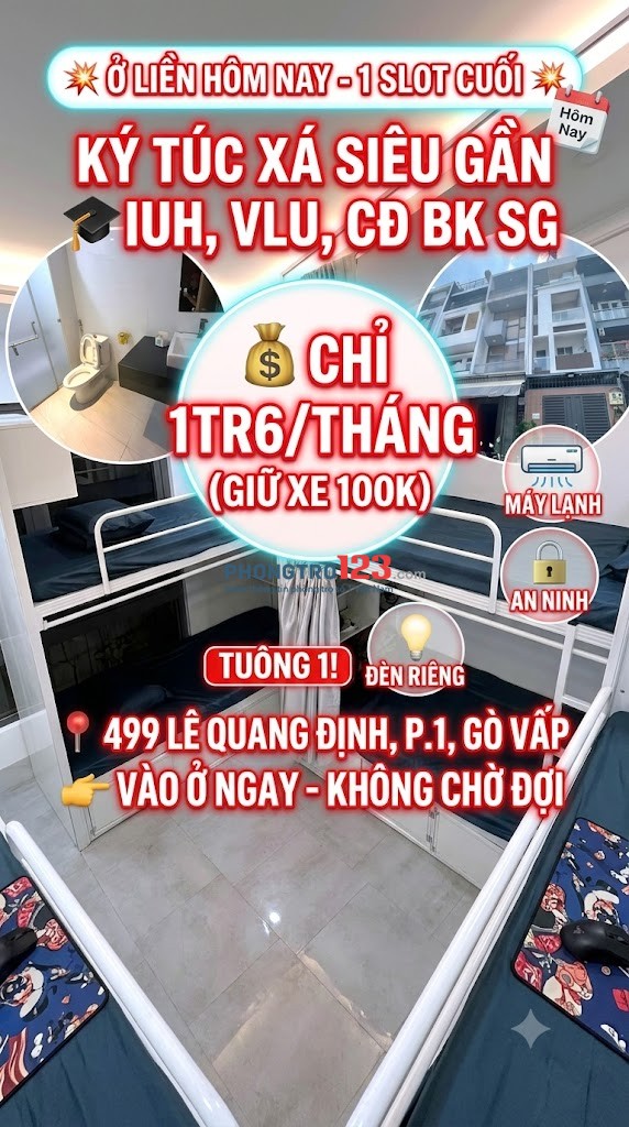 KÝ TÚC XÁ CAO CẤP - NGAY ĐH VĂN LANG (VLU) CS3 (ĐẶNG THÙY TRÂM) 30M - PHÒNG 6-8 NGƯỜI