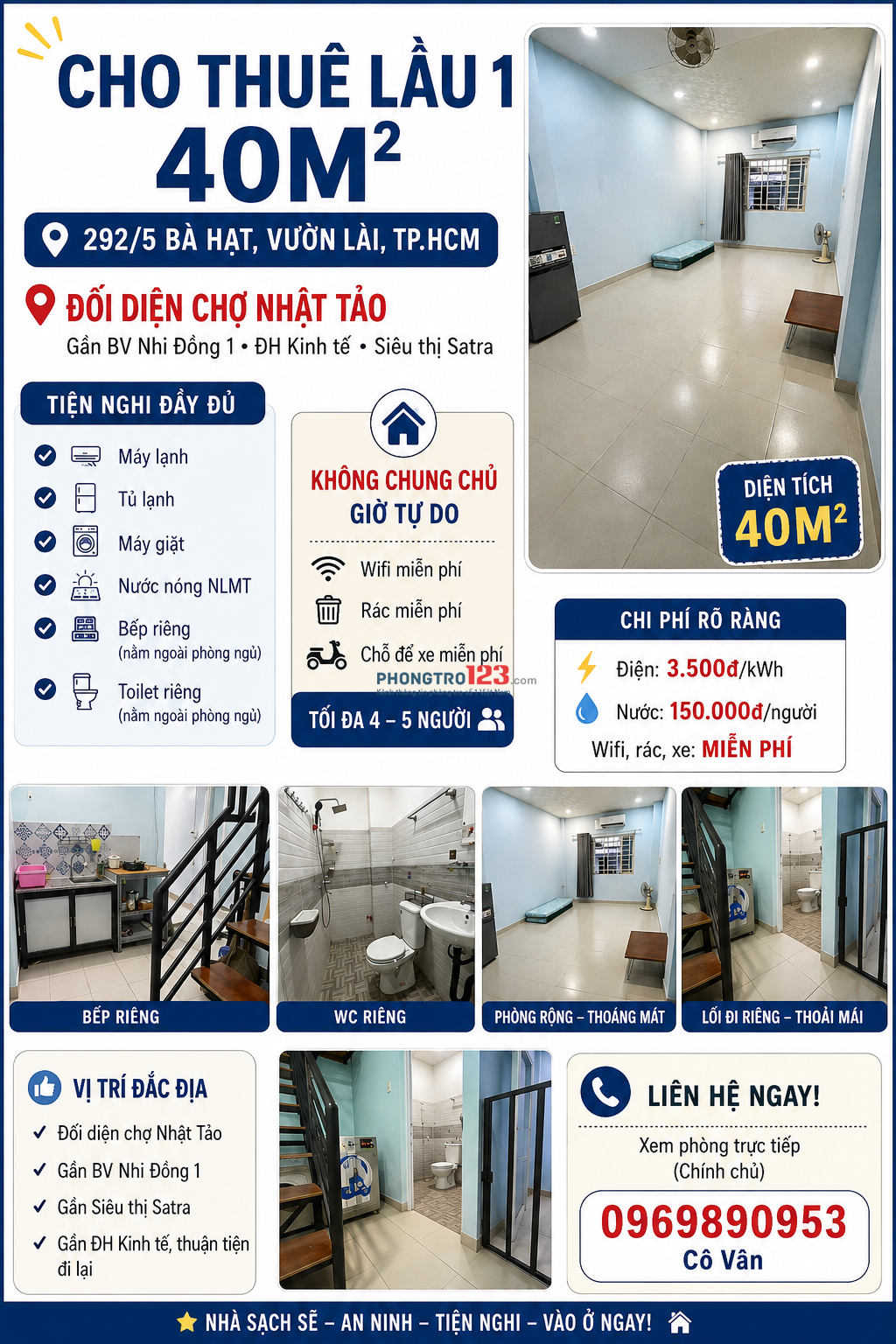  CHO THUÊ LẦU 1 – 40M² – ĐỐI DIỆN CHỢ NHẬT TẢO, QUẬN 10