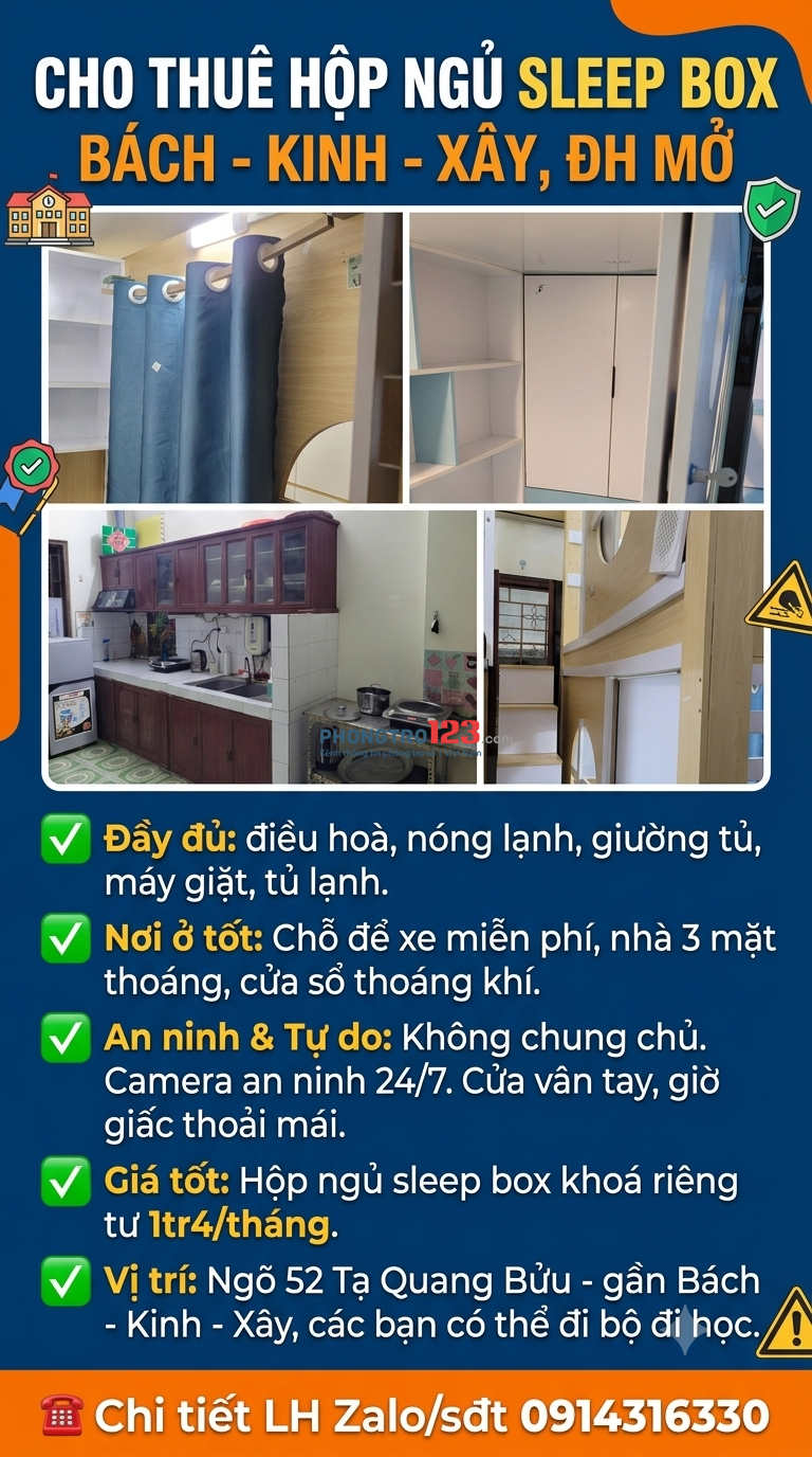 Cho thuê hộp ngủ sleep box Bách - Kinh - Xây, ĐH Mở, Hai Bà Trưng