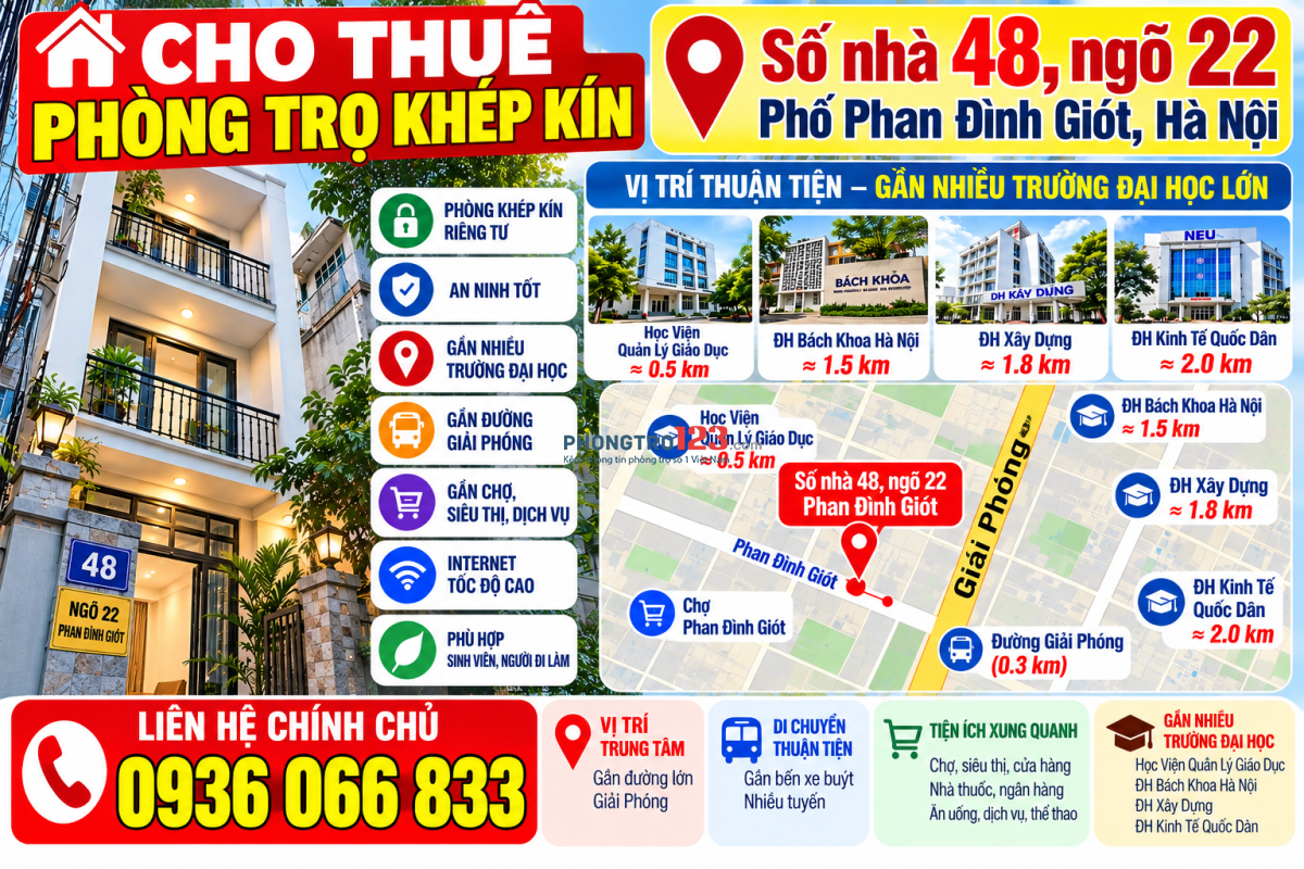 Cho thuê phòng trọ khép kín tại số nhà 48 ngõ 22 phố Phan Đình Giót, Hà Nội