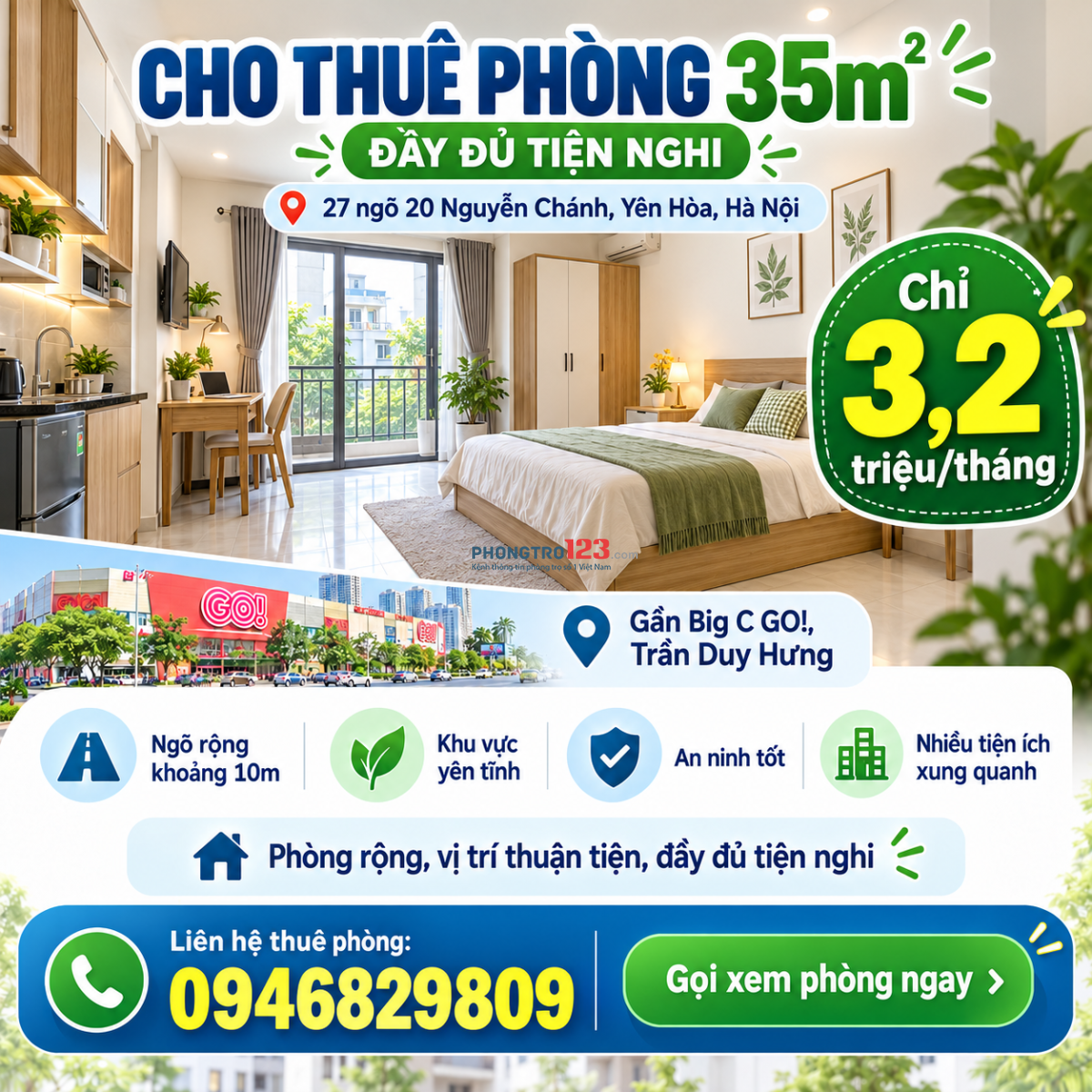 CHO THUÊ PHÒNG 35M² – NGUYỄN CHÁNH – GẦN BIG C GO! – CHỈ 3,2 TRIỆU/THÁNG